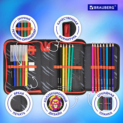 Пенал BRAUBERG с наполнением, 1 отделение, 1 откидная планка, 24 предмета, 21х14 см, "Colorful lion", 270725