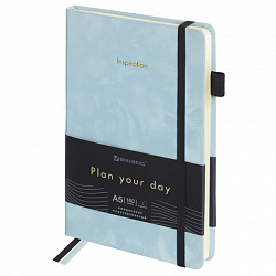 Ежедневник недатированный А5 138x213 мм, BRAUBERG "Velvet", резинка, держатель, 160 л., серо-голубой, 116245