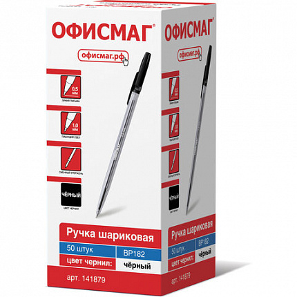 Ручка шариковая ОФИСМАГ "Line", ЧЕРНАЯ, корпус прозрачный, узел 1 мм, линия письма 0,5 мм, 141879