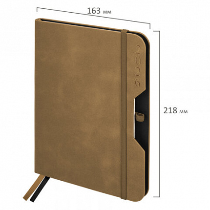Ежедневник датированный 2026, А5, 151х213 мм, BRAUBERG "Note", под кожу, держатель для ручки, бежевый, 117521