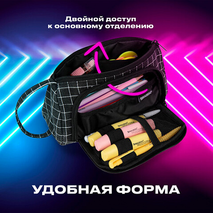 Пенал-косметичка BRAUBERG с ручкой, 1 откидная планка, полиэстер, 22x10х8 см, "Клетка", 271559