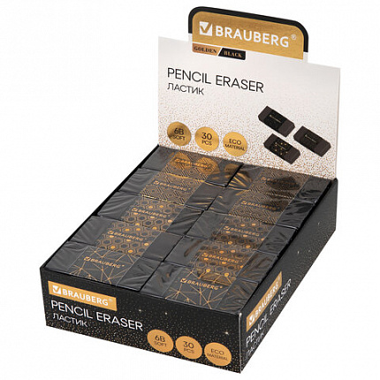 Ластик BRAUBERG "GOLDEN BLACK", 50х24х10 мм, прямоугольный, картонный держатель, экологичный ПВХ, ассорти, 272728