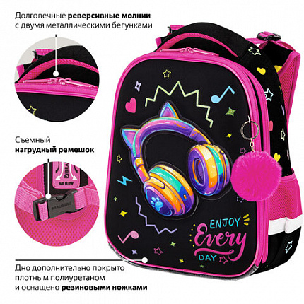 Ранец BRAUBERG PREMIUM, 2 отделения, с брелоком, "Наушники", велюровая нашивка, 38х29х16 см, 273100