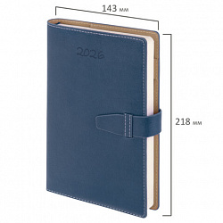 Ежедневник датированный 2026, А5, 143х218 мм, BRAUBERG "Journal", под кожу, застежка, держатель для ручки, органайзер, синий, 117379