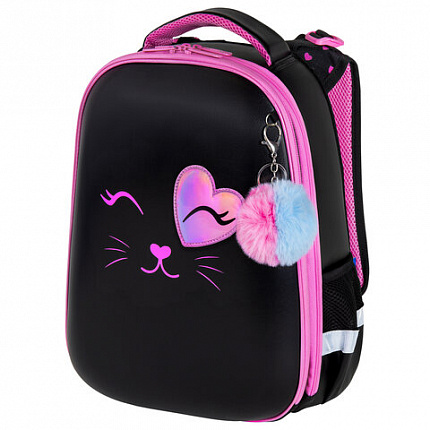 Ранец BRAUBERG SHINY, 2 отделения, с брелоком, "Улыбающийся котик", 38х28х14 см, 272040