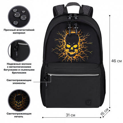 Рюкзак BRAUBERG FASHION CITY универсальный, 2 отделения, "Skull", черный, 46х31х15 см, 272572