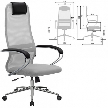 Кресло офисное МЕТТА "SU-B-8" хром, ткань-сетка, сиденье мягкое, светло-серое