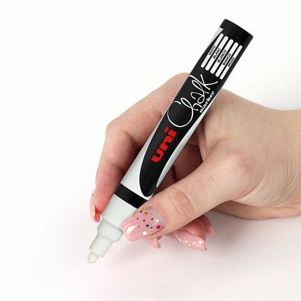 Маркер меловой UNI "Chalk", 1,8-2,5 мм, БЕЛЫЙ, влагостираемый, для гладких поверхностей, PWE-5M WHITE