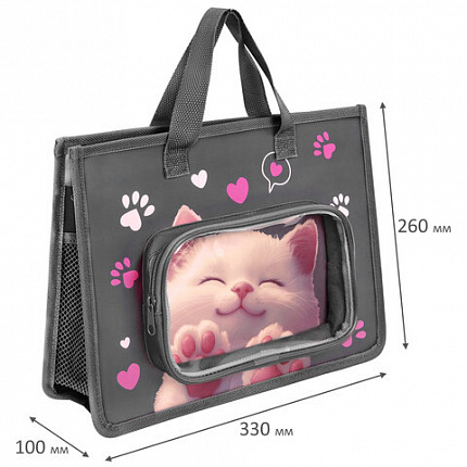 Папка на молнии с ручками BRAUBERG KIDS А4, 1 отделение, дополнительные карманы, пластик, "Кот-мурлыка", 274527
