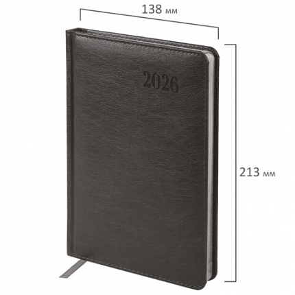 Ежедневник датированный 2026, А5, 138х213 мм, BRAUBERG "Impression", под кожу, серый, 117513