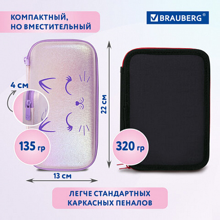 Пенал BRAUBERG SHINY, 1 отделение, 1 откидная планка, ЭВА, 22х13х4 см, "Счастливый кот", 271554