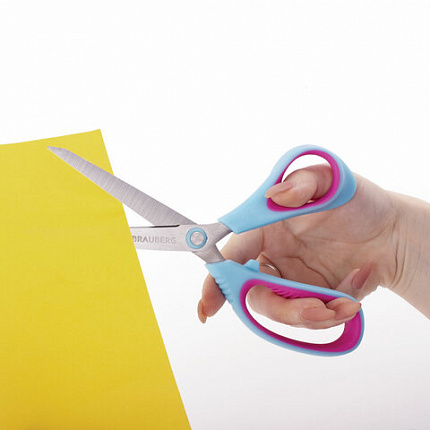 Ножницы BRAUBERG "Universal", 190 мм бирюзово-фиолетовые, ассиметричные, ребристые резиновые вставки, 236452
