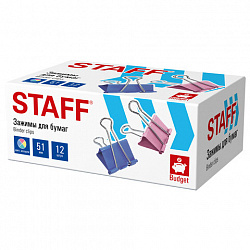 Зажимы для бумаг БОЛЬШИЕ STAFF ECO, КОМПЛЕКТ 12шт, 51мм, на 230 л, цветные, картонная коробка, 274041
