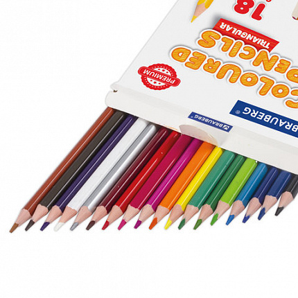 Карандаши цветные BRAUBERG PREMIUM, 18 цветов, пластиковые, трехгранные, грифель мягкий 3 мм, 181662