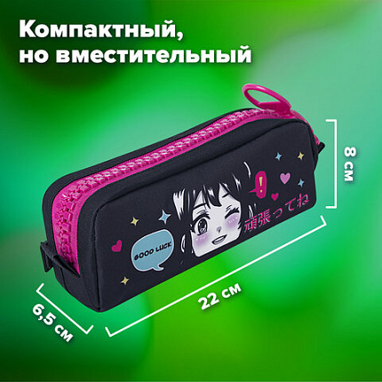 Пенал BRAUBERG с объемной "тракторной" молнией, 1 отделение, ткань, 22х8х6,5 см, "Яркая девочка", 271566