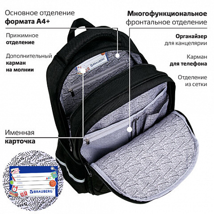 Рюкзак BRAUBERG SOFT, 2 отделения, 3 кармана, "Cool cat", СВЕТЯЩИЙСЯ, 40х31х15 см, 273118