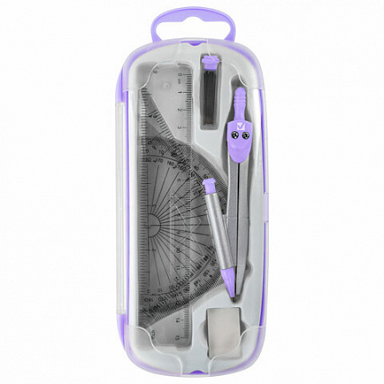 Готовальня BRAUBERG SCHOOL KIT, 9 предметов, циркуль 125 мм, чертежные принадлежности, лаванда, 210713