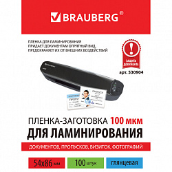 Пленки-заготовки для ламинирования МАЛОГО ФОРМАТА (54х86 мм), КОМПЛЕКТ 100 шт., 100 мкм, BRAUBERG, 530904