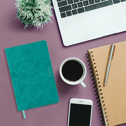 Ежедневник датированный 2026 А5 138x213 мм, BRAUBERG "Foliage", под кожу, гибкий, бирюзовый, 117127