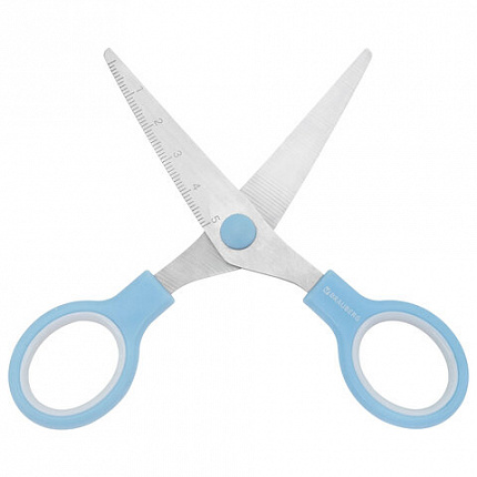 Ножницы BRAUBERG KIDS 130 мм, ручки небесно-голубые, закругленные лезвия с линейкой, 274060