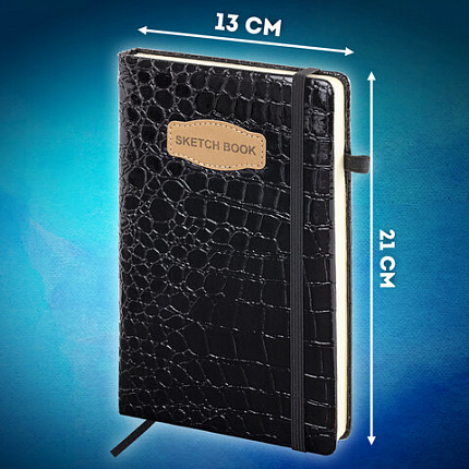 Скетчбук, слоновая кость 140 г/м2, 130х210 мм, 80 л., КОЖЗАМ, резинка, BRAUBERG ART CLASSIC, CROCO, черный, 116470