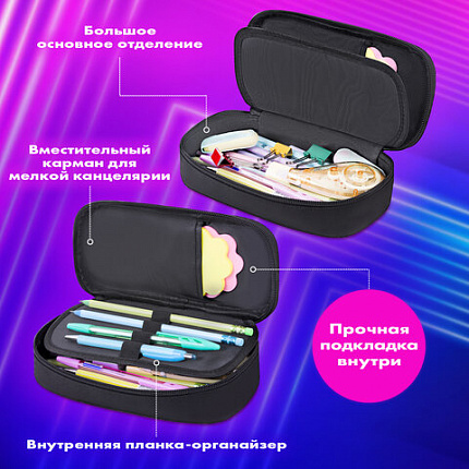 Пенал-органайзер BRAUBERG, 1 отделение, откидная планка, полиэстер, 22х10х6 см, "Total black", 273577