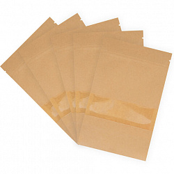 Пакеты дой-пак с замком ZIP LOCK, крафт с окном 60 мм, 200х300 + 50 мм, КОМПЛЕКТ 100 штук, 150 мкм, BRAUBERG, 700694