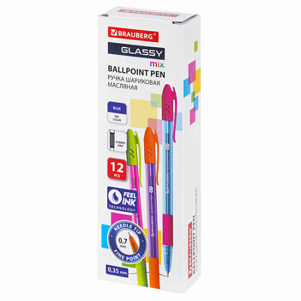 Ручка шариковая масляная с грипом BRAUBERG GLASSY MIX, СИНЯЯ, корпус ассорти, линия письма 0,35 мм, 144106