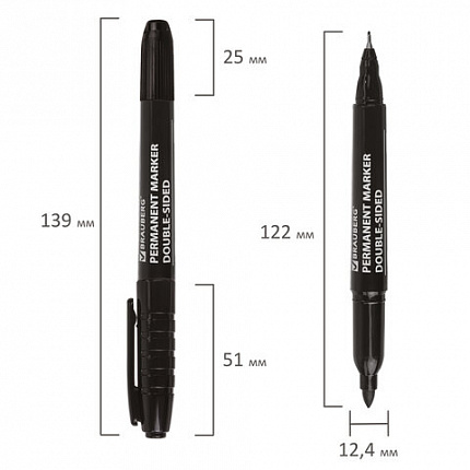 Маркер перманентный двусторонний BRAUBERG "Double", ЧЕРНЫЙ, наконечники 0,8/3 мм, 151635