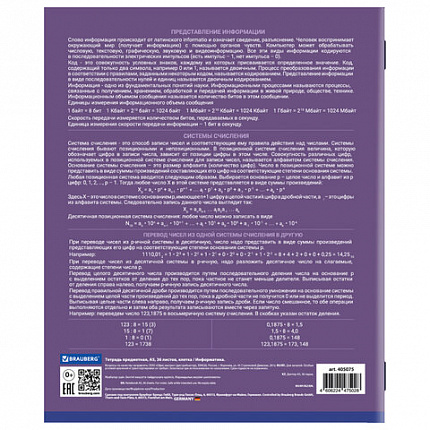 Тетрадь предметная "КОЛОР" 36 л., обложка мелованная бумага, ИНФОРМАТИКА, клетка, BRAUBERG, 405075