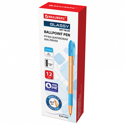 Ручка шариковая масляная с грипом BRAUBERG GLASSY SKY BLUE, СВЕТЛО-СИНЯЯ, узел 0,7 мм, линия письма 0,35 мм, 144107