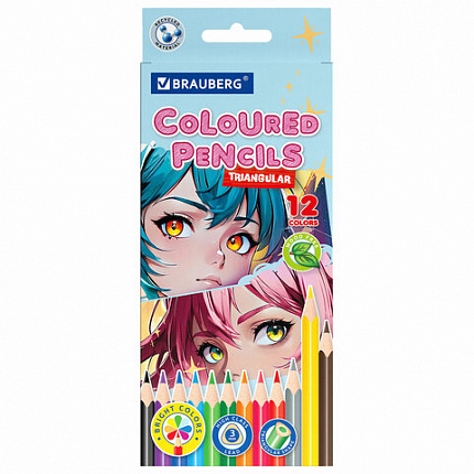 Карандаши цветные "АССОРТИ 8 ДИЗАЙНОВ 7+ лет", 12 цветов, трехгранные, BRAUBERG, 182056