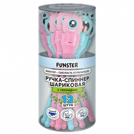 Ручка-спиннер с топпером шариковая FUNSTER "MONSTERS", СИНЯЯ, ассорти, пишущий узел 0,7 мм, линия письма 0,35 мм, 144381