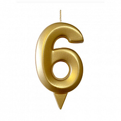 Свеча-цифра для торта "6", форма ГРАНЬ, золото, 7 см, на ножке, в блистере, 1704
