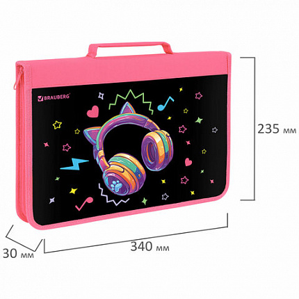 Папка на молнии BRAUBERG А4 с ручкой, с органайзером, 1 отделение, "Headphones", 273384