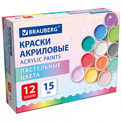 Краски акриловые ПАСТЕЛЬНЫЕ для рисования и творчества 12 цветов по 15 мл, BRAUBERG, 192694