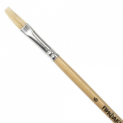 Кисть ПИФАГОР, ЩЕТИНА, плоская, № 6, деревянная лакированная ручка, пакет с подвесом, 200872