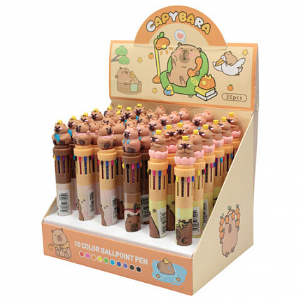 Ручка многоцветная с топпером шариковая 10 ЦВЕТОВ "Капибара", ассорти, линия 0,5мм, 7, 77425