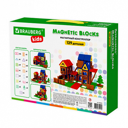 Магнитный конструктор MEGA MAGNETIC BUILD BLOCKS-129 "Построй дом", 129 деталей, BRAUBERG KIDS, 663850