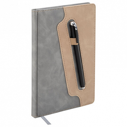 Блокнот А5 148x218 мм BRAUBERG "Assistant", под кожу, 80 листов, держатель, клетка, серый, 118632