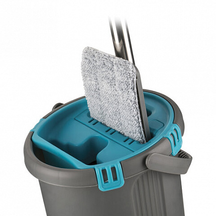 Швабра с отжимом и ведром 8л/7л двухкамерное, насадка из микрофибры карманы с 2-х сторон, серый, Light Mop, MILEY, 901-618