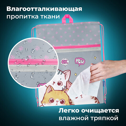 Мешок для обуви BRAUBERG, с петлей, светоотражающая полоса, 2 отделения, 46х36 см, "Дружба котиков", 273449