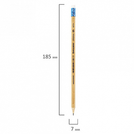 Карандаш чернографитный BRAUBERG "ORIGINAL", 1 шт., HB, с ластиком, некрашеный корпус, 181713
