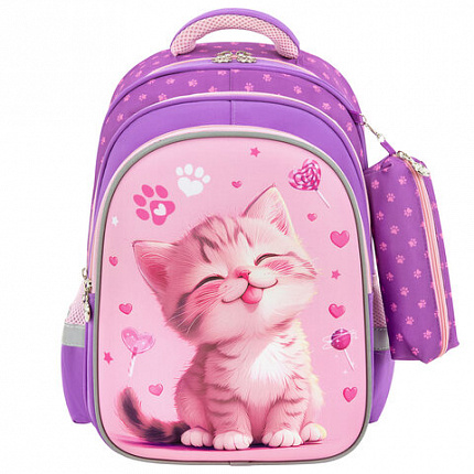 Рюкзак SNOOBAG (СНУБЭГ) MIND с пеналом в комплекте, 2 отделения, "Озорной котик", 40х28х18 см, 274443
