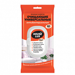 Салфетки влажные хозяйственные "УНИВЕРСАЛЬНЫЕ 6 в 1" 14,5х18 см, антибактериальные, 80 шт., HOUSE LUX, 10449