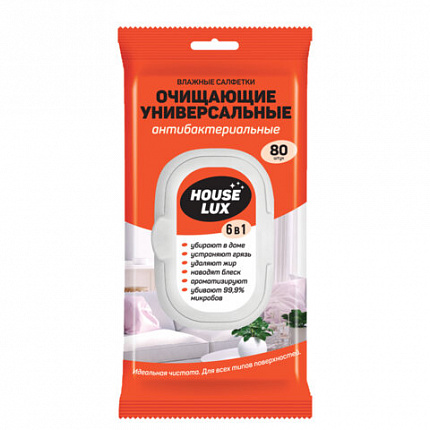 Салфетки влажные хозяйственные "УНИВЕРСАЛЬНЫЕ 6 в 1" 14,5х18 см, антибактериальные, 80 шт., HOUSE LUX, 10449