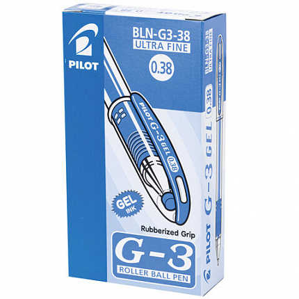 Ручка гелевая PILOT "G-3", корпус прозрачный, узел 0,38 мм, линия 0,2 мм, резиновый упор, синяя, BLN-G3-38 L