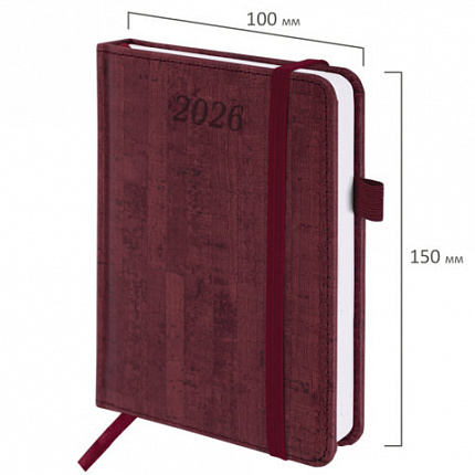Ежедневник датированный 2026 МАЛЫЙ ФОРМАТ 100х150 мм, А6, BRAUBERG Wood, под кожу, бордовый, 117265