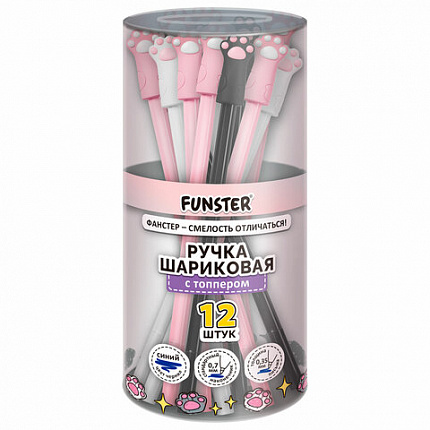 Ручка с топпером шариковая масляная FUNSTER "CAT PAWS", СИНЯЯ, корпус ассорти, пишущий узел 0,7 мм, линия письма 0,35 мм,144369