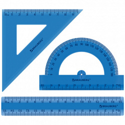 Набор чертежный BRAUBERG (линейка 15 см, треугольник, транспортир), синий, прозрачный, пенал, 210889